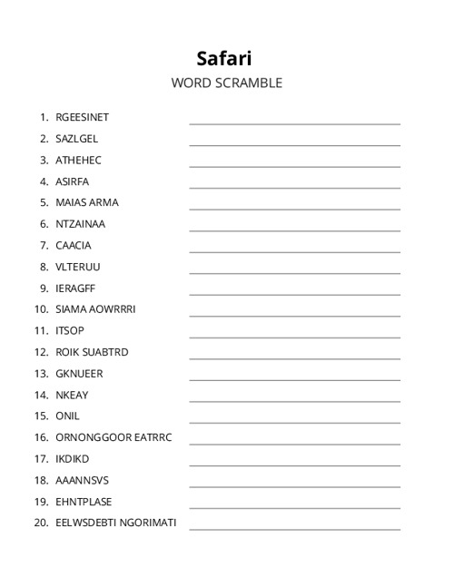 Safari Word Scramble Puzzle