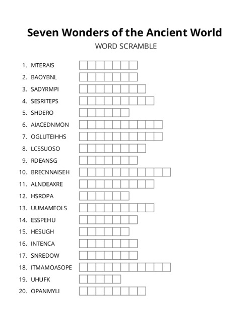 Seven Wonders of the Ancient World Word Scramble Puzzle