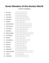 Seven Wonders of the Ancient World word scramble puzzle