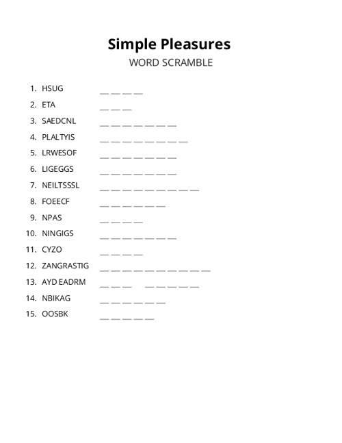Simple Pleasures Word Scramble Puzzle