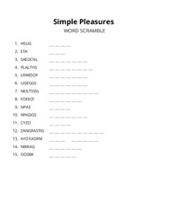 Simple Pleasures word scramble puzzle