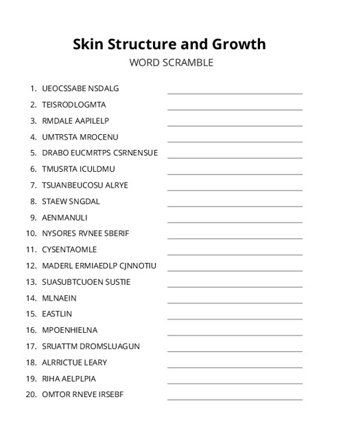 Skin Structure and Growth Word Scramble Puzzle