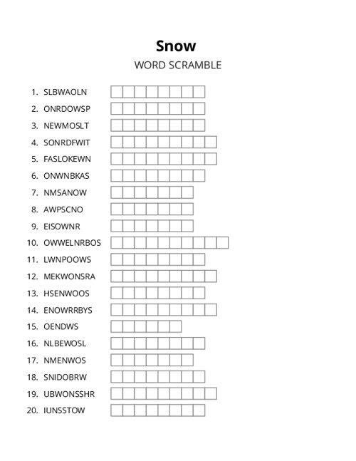 Snow Word Scramble Puzzle
