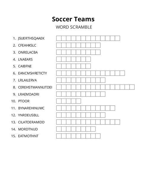 Soccer Teams Word Scramble Puzzle