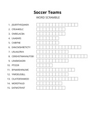 Soccer Teams word scramble puzzle