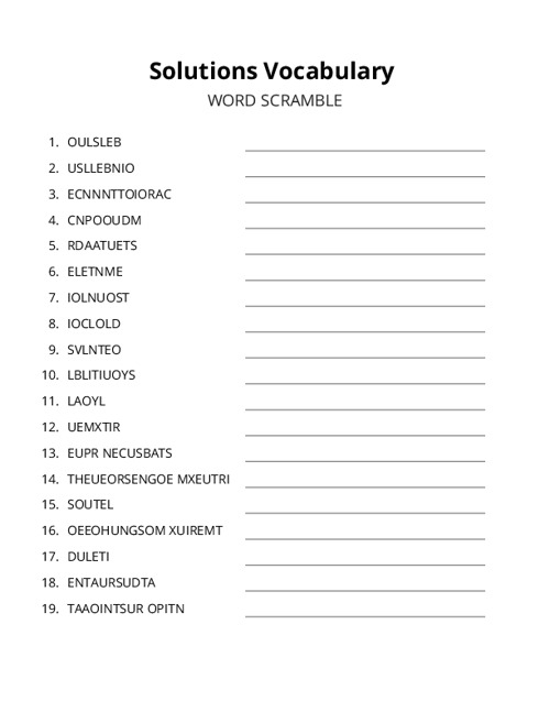 Solutions Vocabulary Word Scramble Puzzle