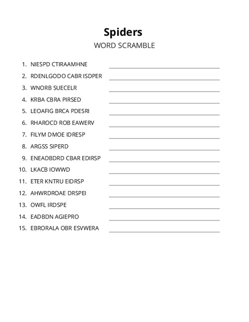 Spiders Word Scramble Puzzle