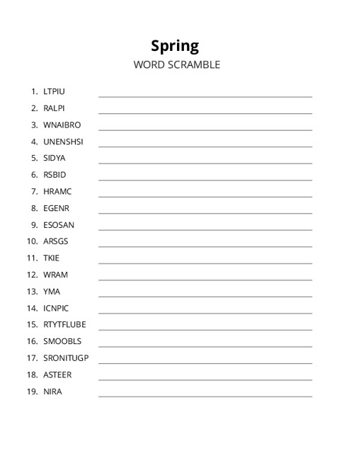 Spring Word Scramble Puzzle