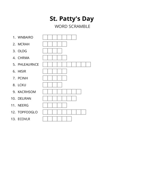 St. Pattys Day Word Scramble Puzzle