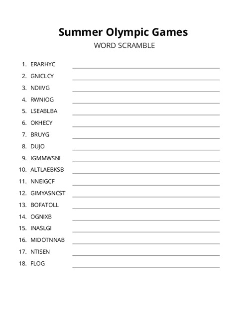 Summer Olympic Games Word Scramble Puzzle