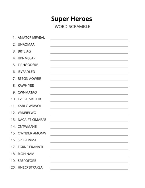 Super Heroes Word Scramble Puzzle