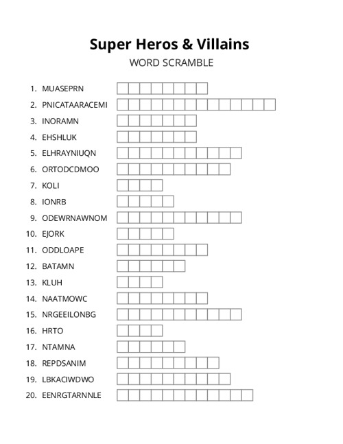 Super Heros & Villains Word Scramble Puzzle