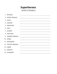 Superheroes word scramble puzzle