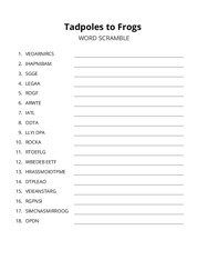 Tadpoles to Frogs word scramble puzzle