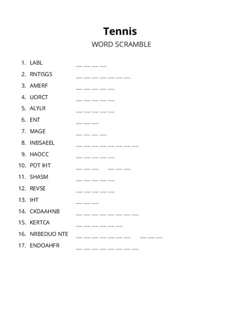 Tennis Word Scramble Puzzle