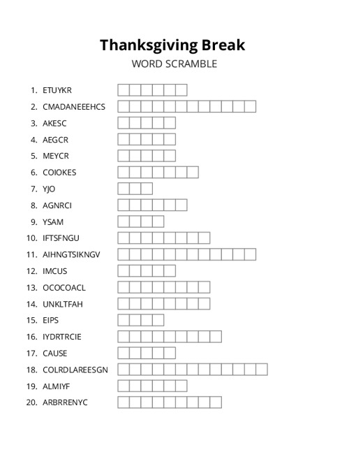 Thanksgiving Break Word Scramble Puzzle