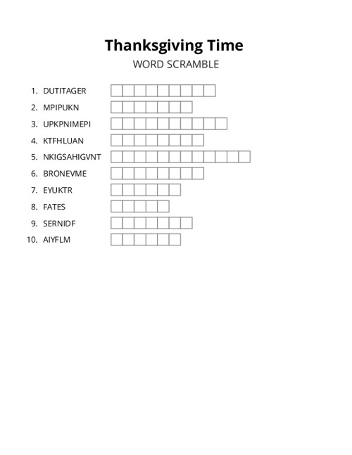 Thanksgiving Time Word Scramble Puzzle