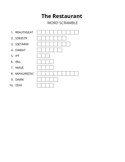 The Restaurant Word Scramble Puzzle