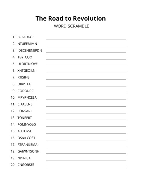 The Road to Revolution Word Scramble Puzzle
