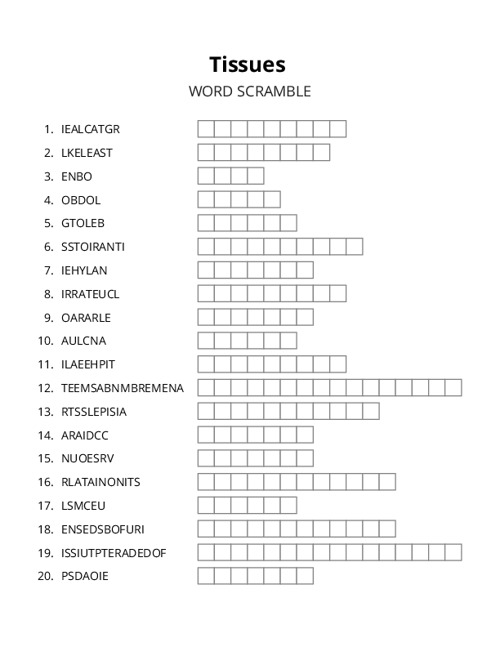 Tissues Word Scramble Puzzle