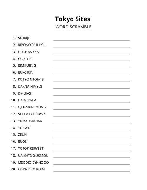 Tokyo Sites Word Scramble Puzzle
