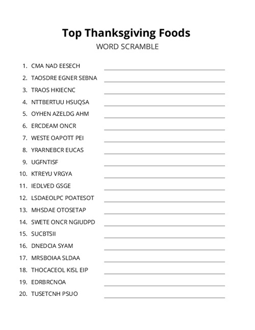 Top Thanksgiving Foods Word Scramble Puzzle