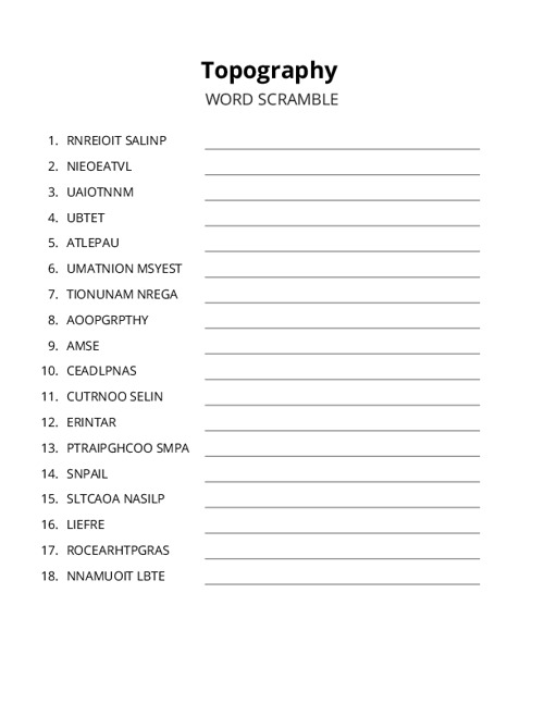 Topography Word Scramble Puzzle