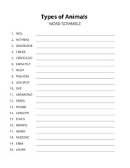 Types of Animals word scramble puzzle