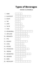 Types of Beverages word scramble puzzle