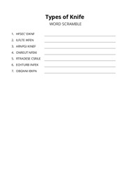 Types of Knife word scramble puzzle