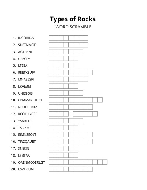 Types of Rocks Word Scramble Puzzle