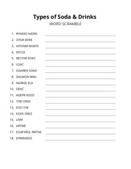Types of Soda & Drinks word scramble puzzle
