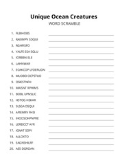Unique Ocean Creatures word scramble puzzle