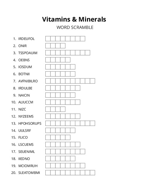 Vitamins & Minerals Word Scramble Puzzle