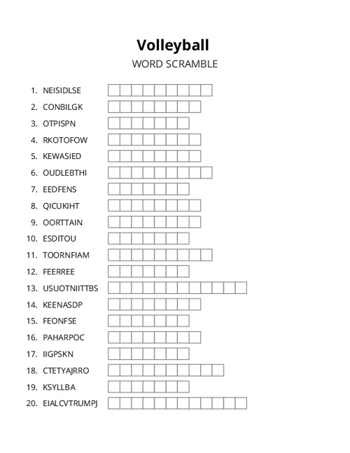 Volleyball Word Scramble Puzzle