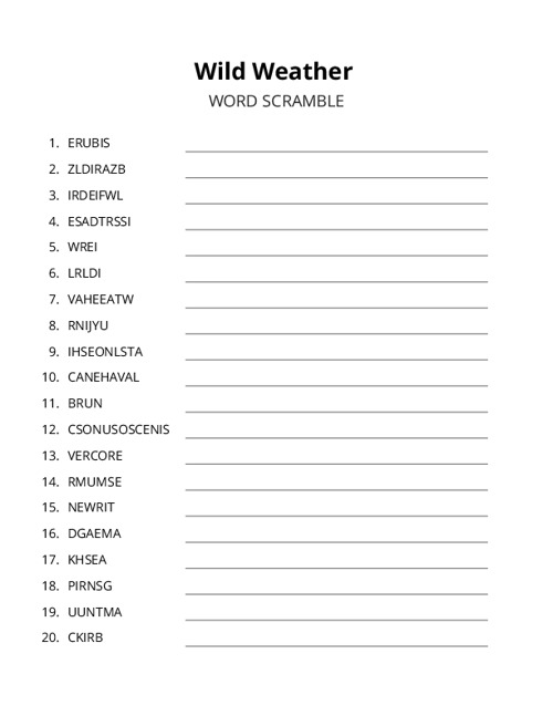 Wild Weather Word Scramble Puzzle