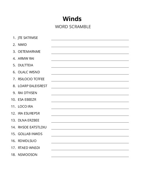 Winds Word Scramble Puzzle