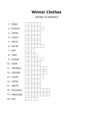 Winter Clothes word scramble puzzle