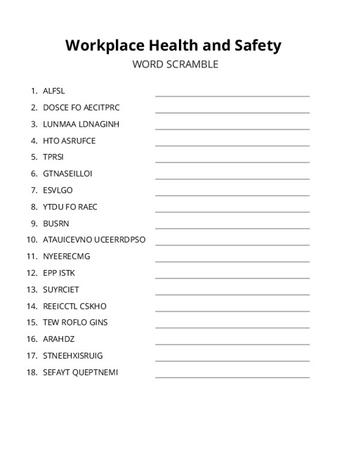 Workplace Health and Safety Word Scramble Puzzle