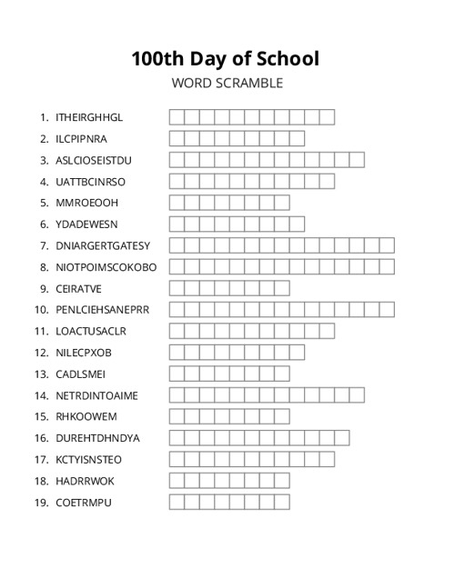 100th Day of School Word Scramble Puzzle