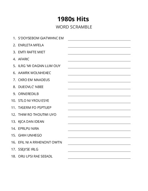 1980s Hits Word Scramble Puzzle