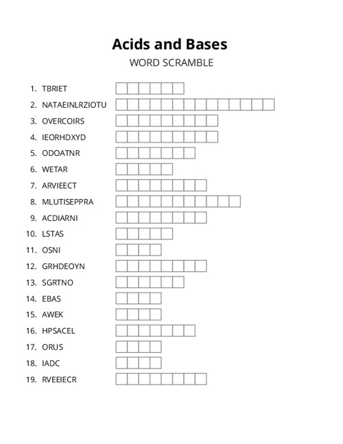 Acids and Bases Word Scramble Puzzle