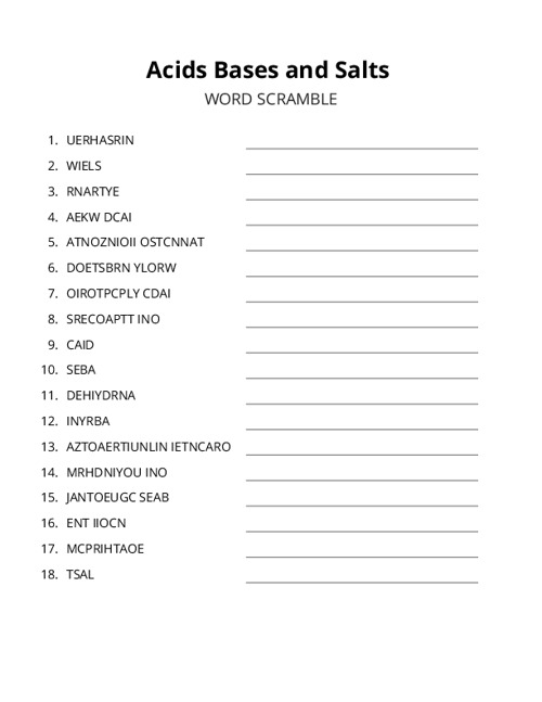 Acids Bases and Salts Word Scramble Puzzle