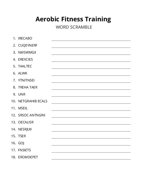 Aerobic Fitness Training Word Scramble Puzzle