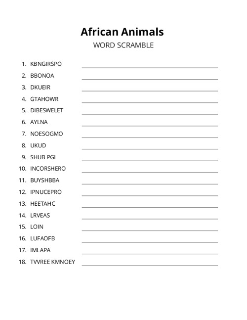 African Animals Word Scramble Puzzle