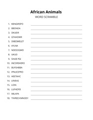 African Animals word scramble puzzle