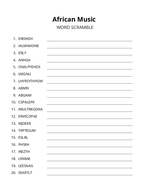 African Music Word Scramble Puzzle