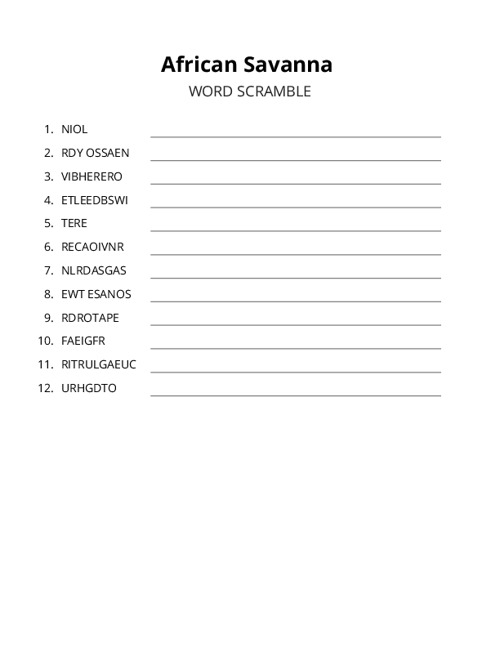 African Savanna Word Scramble Puzzle