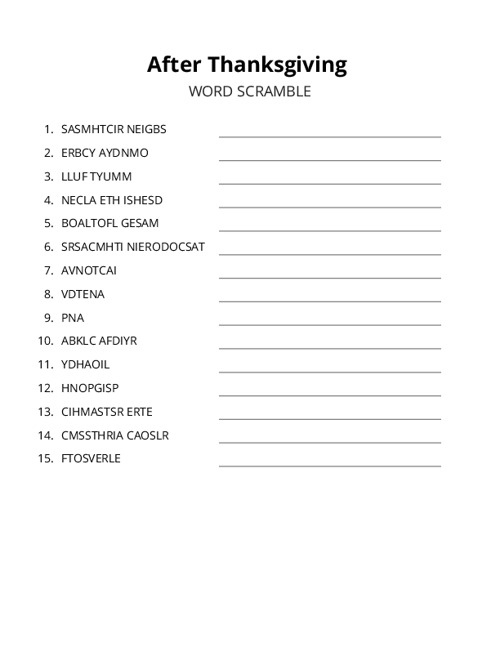 After Thanksgiving Word Scramble Puzzle