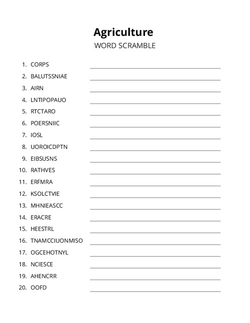 Agriculture Word Scramble Puzzle